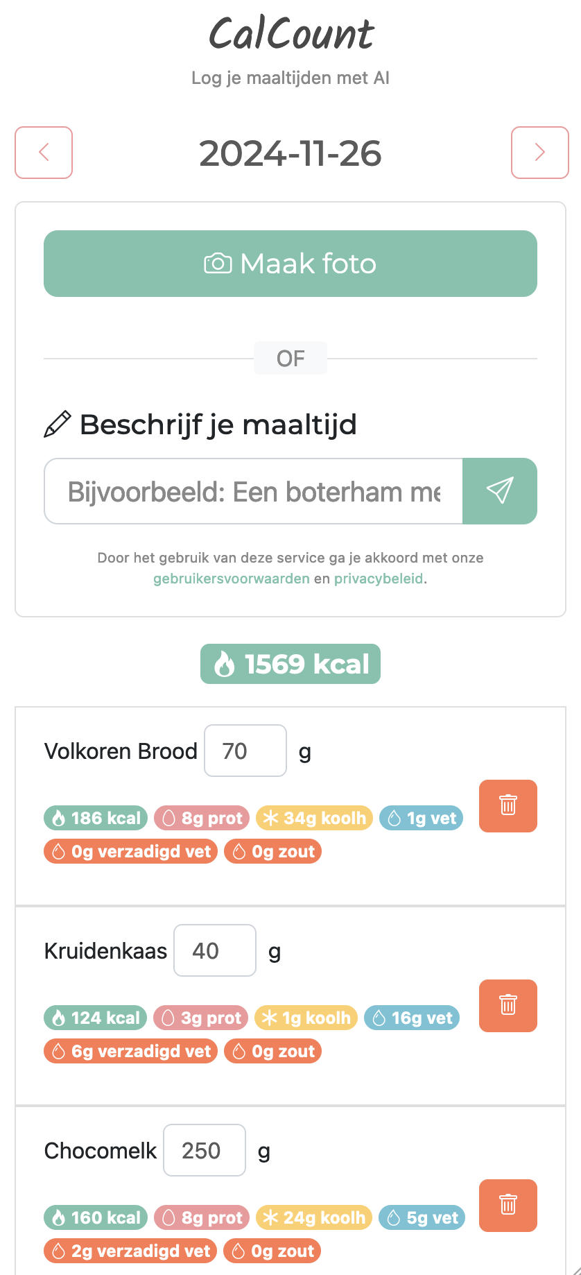 Screenshot of the CalCount mobile app interface displaying nutritional analysis of a meal.
